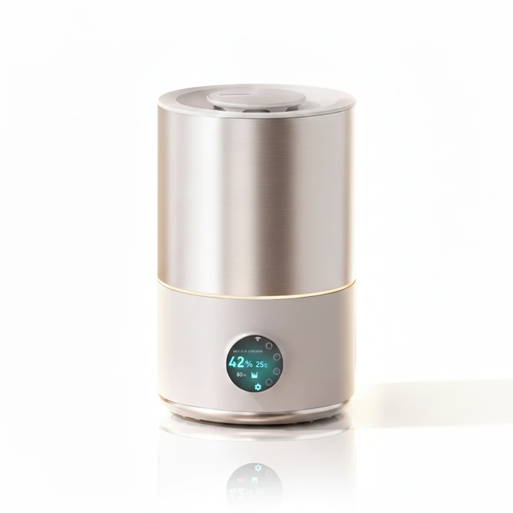 A sleek, cylindrical air purifier with a metallic finish and a digital display showing humidity and temperature settings.