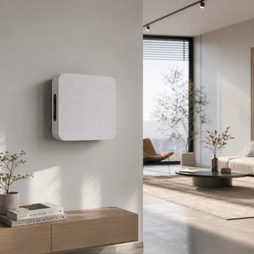 Wall-mounted white air purifier in a modern living room with minimalist furniture, natural light, and a neutral color palette.