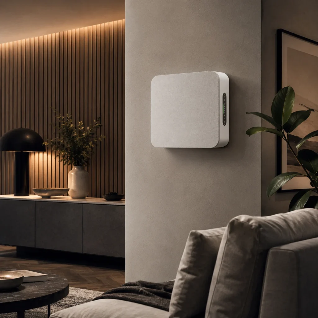 Wall-mounted modern air purifier with a sleek design installed in a minimalist living room featuring warm lighting and neutral decor.