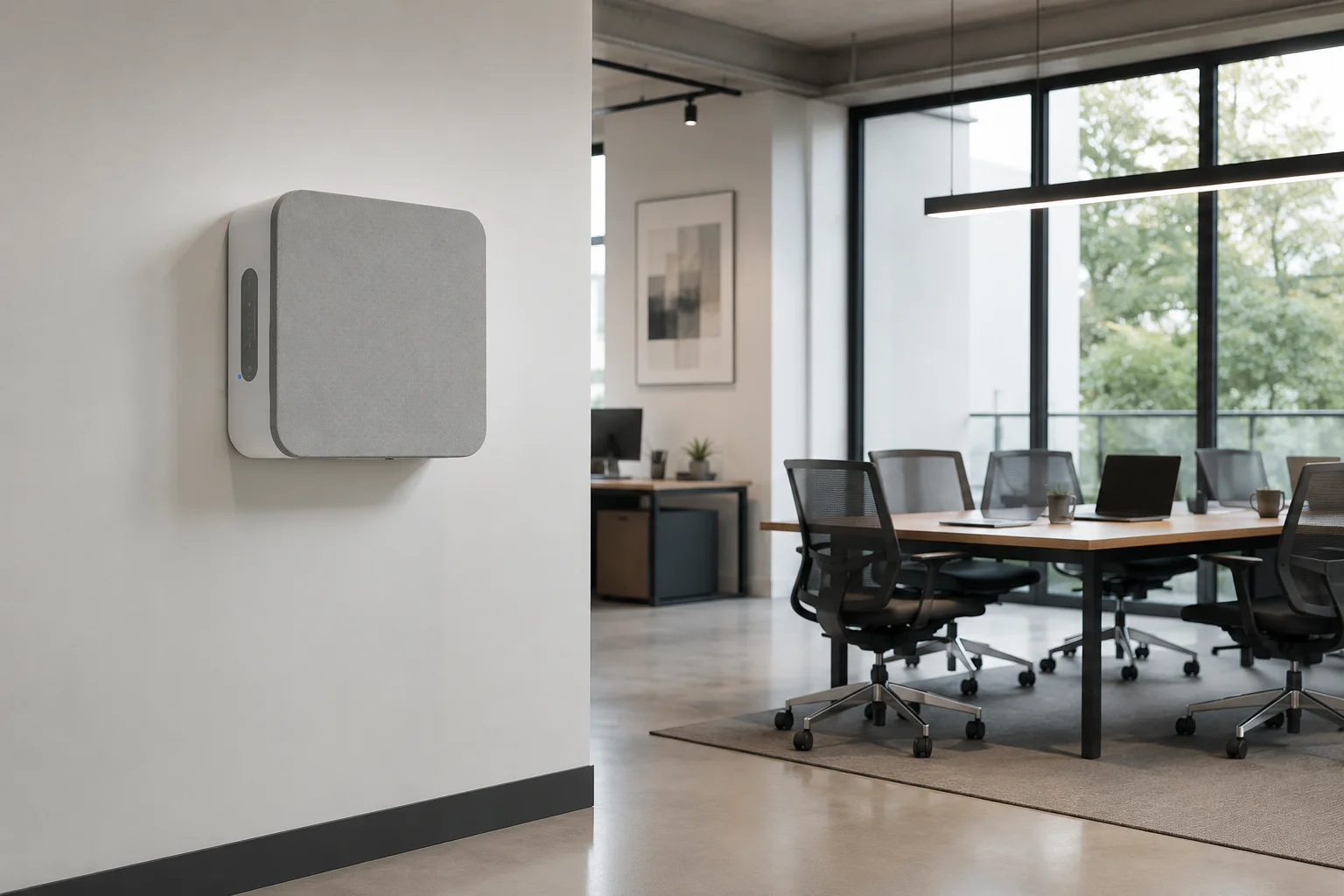 A wall-mounted modern air purifier near a minimalistic office area with a conference table, black chairs, and large windows.