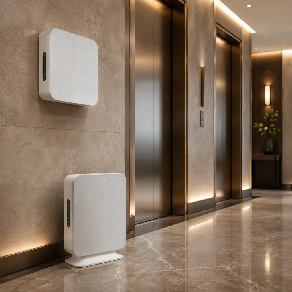 Two sleek and modern air purifiers on the wall and floor in a luxury building lobby with glossy marble flooring and elevator doors nearby.
