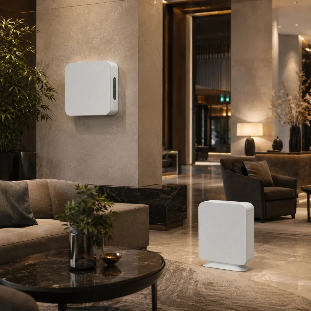 Two modern air purifiers, one wall-mounted and one freestanding, in a sophisticated lounge with elegant furniture and soft lighting.