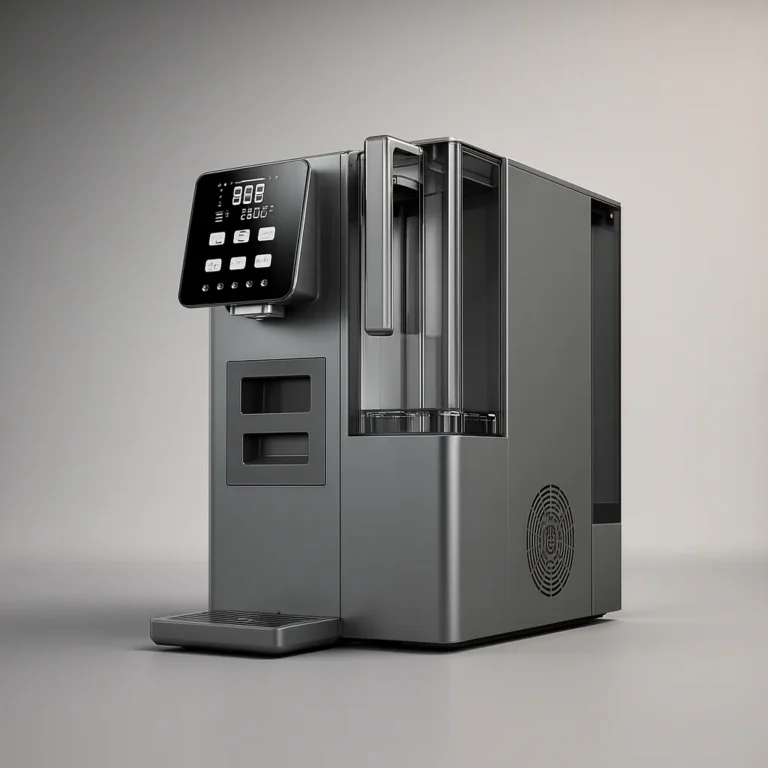 A sleek modern coffee machine with a digital display and control panel, featuring multiple buttons and a drip tray, designed for home use.