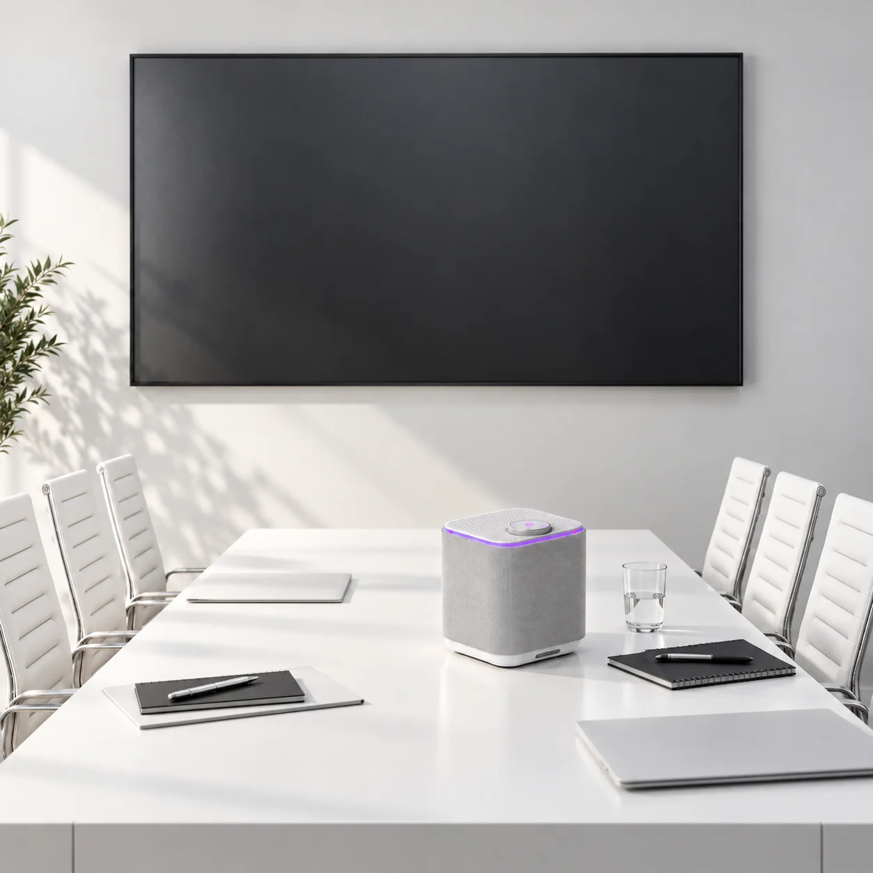 A modern conference room with sleek white chairs surrounding a white table, featuring a compact air purifier emitting a purple light. A blackboard and natural lighting complete the setup.