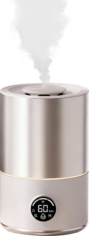 A sleek, modern humidifier with a digital display panel shows a number '60' and emits visible vapor from the top.