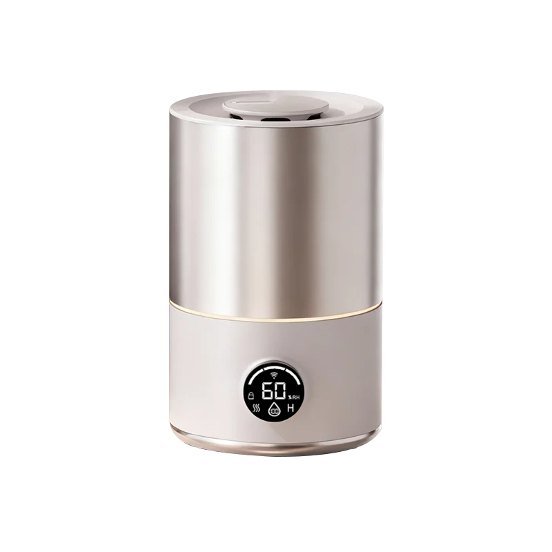 Sleek cylindrical humidifier with a digital display showing settings, featuring a metallic finish and minimalistic design.