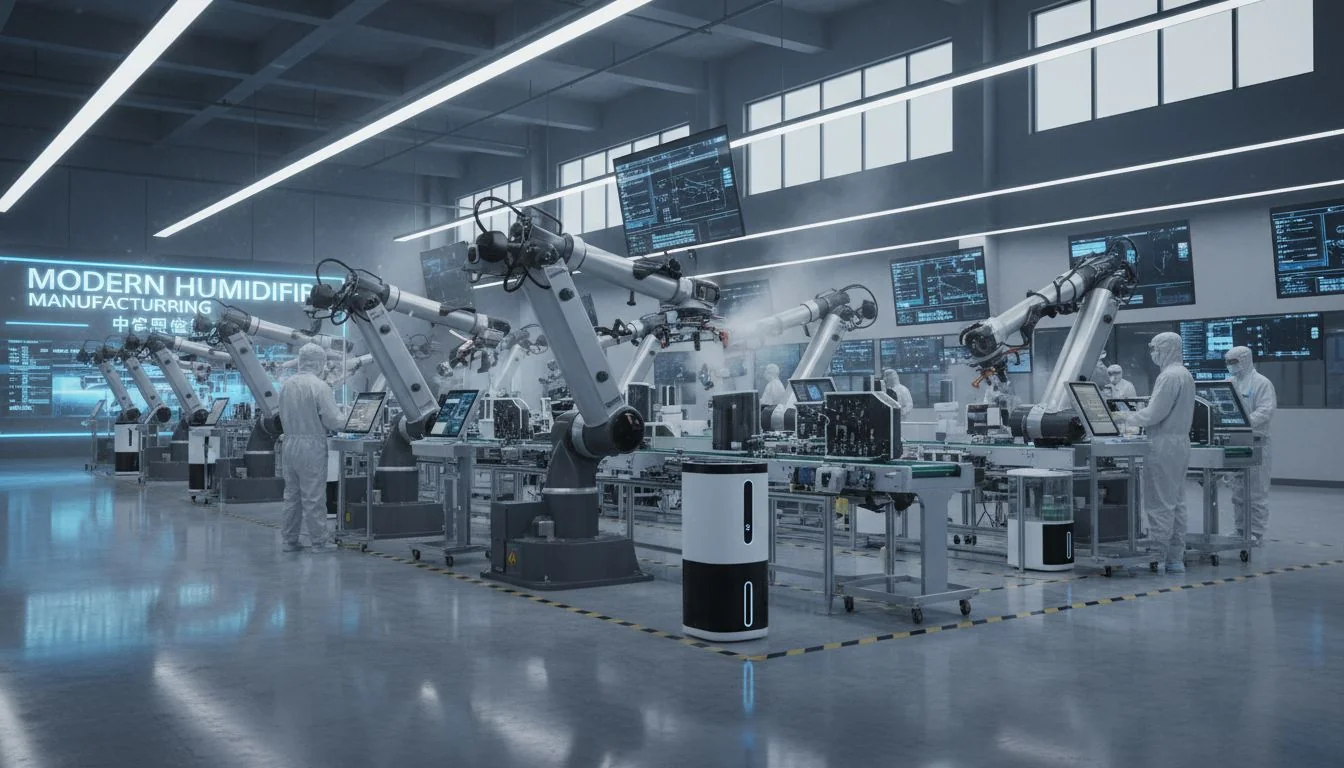 Modern Humidifier Factory in China Busy modern factory floor with robotic arms assembling humidifiers