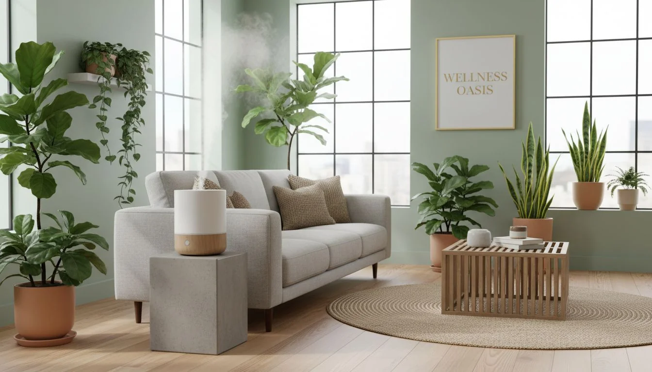 Modern Humidifier in a Wellness-Focused Home A stylish, modern humidifier in a beautifully designed living room with plants and natural light.