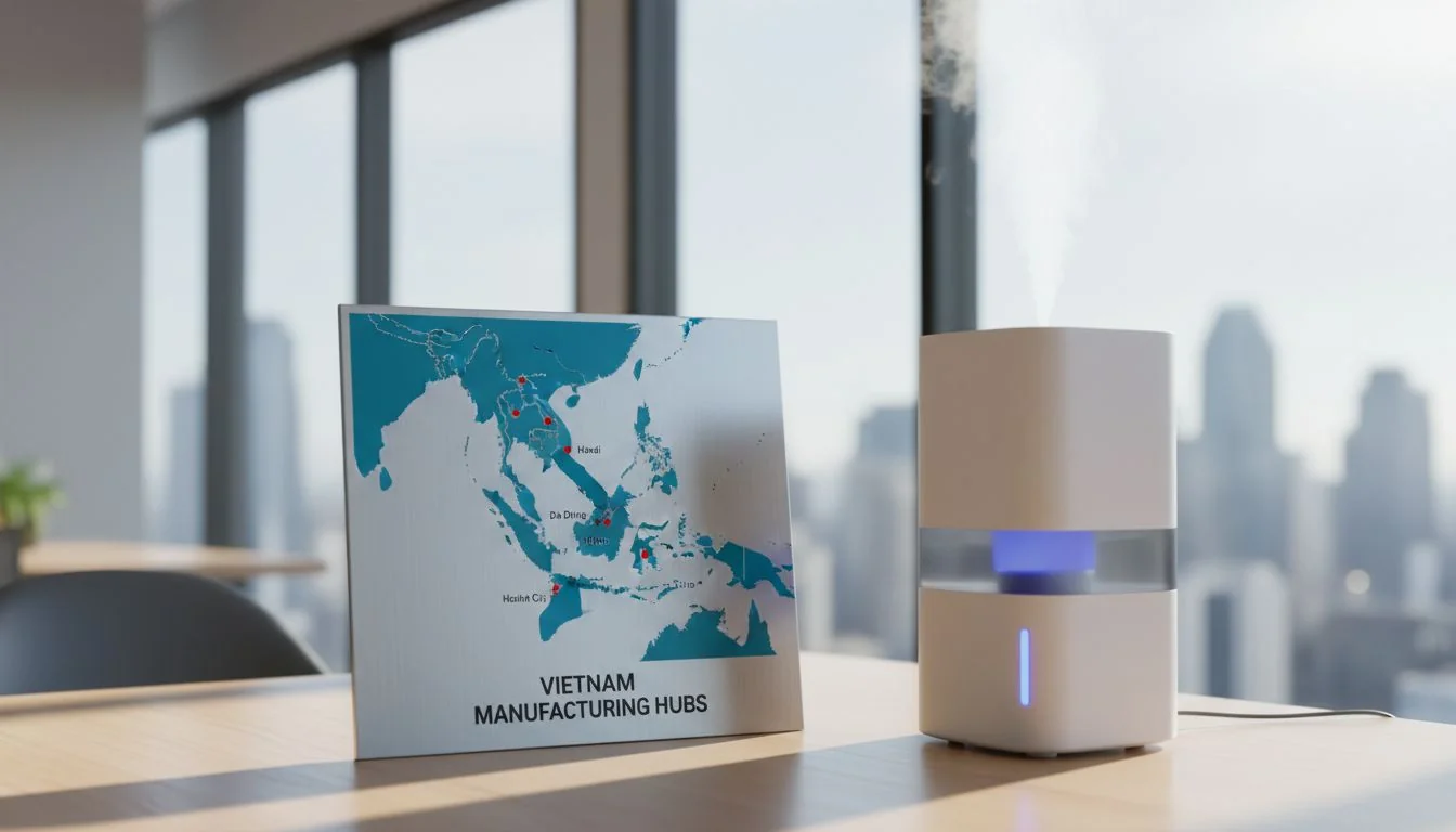 Modern humidifier with a map of Vietnam manufacturing hubs A modern humidifier next to a map of Southeast Asia with a focus on Vietnam
