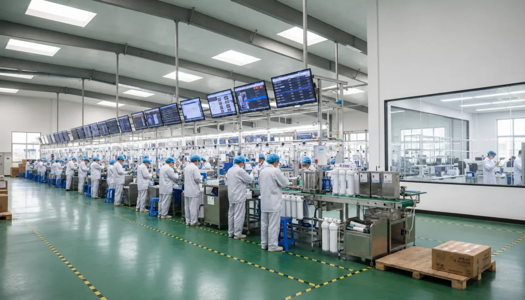 A clean, organized industrial production facility with workers in white uniforms and blue caps assembling products at workstation assembly lines with multiple monitors overhead.