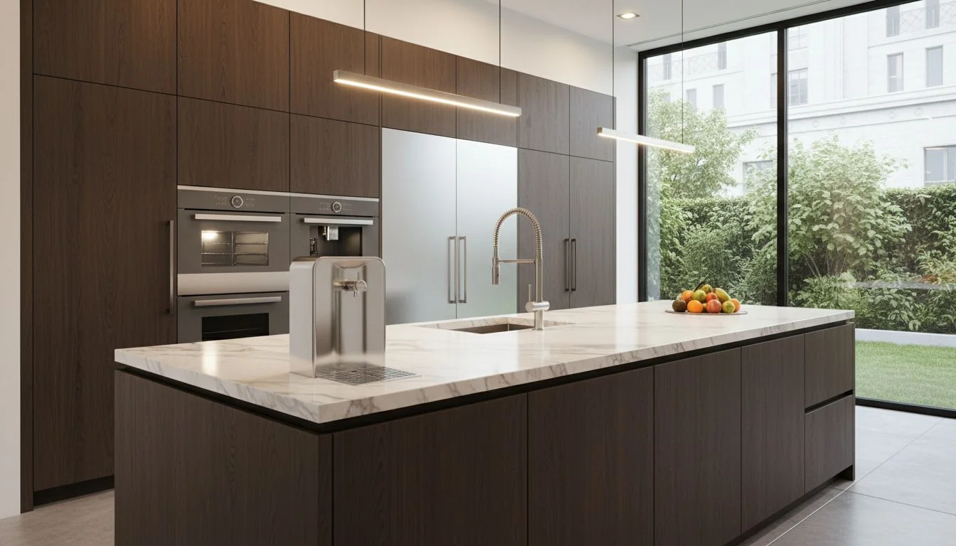 luxury modern kitchen with stainless steel water dispenser