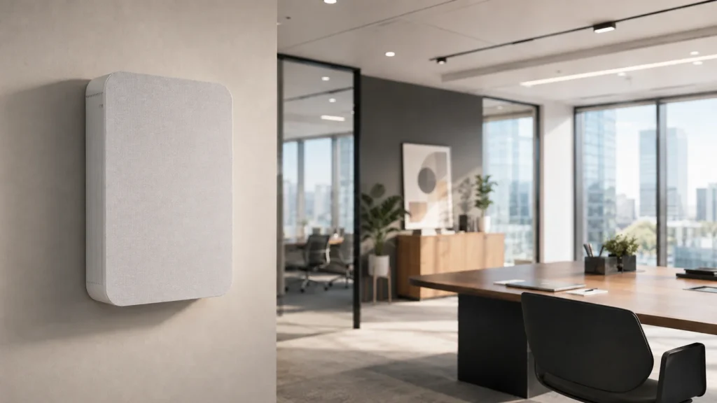 A modern office room with a gray wall-mounted air purifier, large wooden desk, office chairs, indoor plants, and glass windows offering a city view.