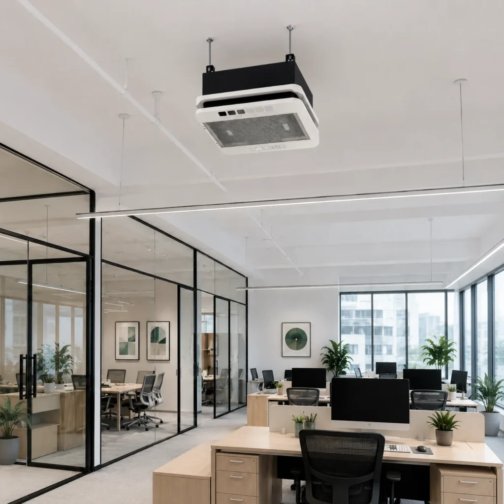 Spacious office with an open layout, featuring desks, chairs, plants, large glass walls, and a ceiling-mounted air conditioning unit.