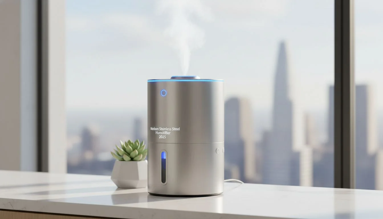 Modern Stainless Steel Humidifier 2025 A sleek, modern stainless steel humidifier on a clean countertop.