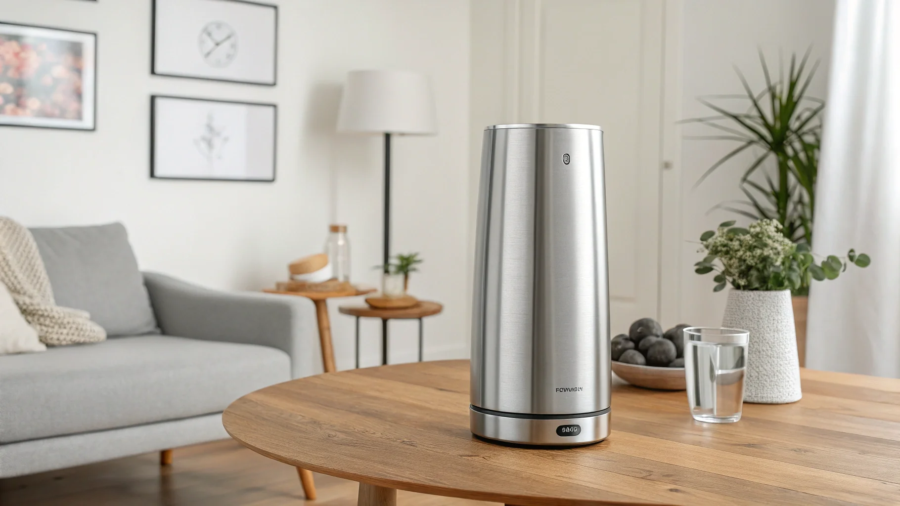 A sleek, modern stainless steel humidifier on a wooden table in a minimalist living room.