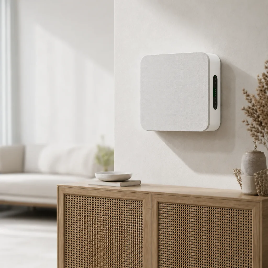 A modern white wall-mounted air purifier installed in a minimalist living space with neutral decor and wooden furnishings.