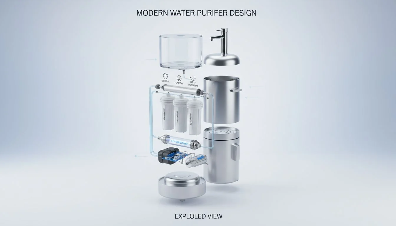 Modern Water Purifier Design Exploded view of a modern stainless steel water purifier showing its components