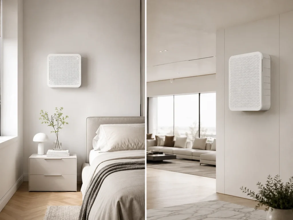 Two modern interiors showcasing a sleek white wall-mounted air purifier; one in a bedroom and the other in a living room.