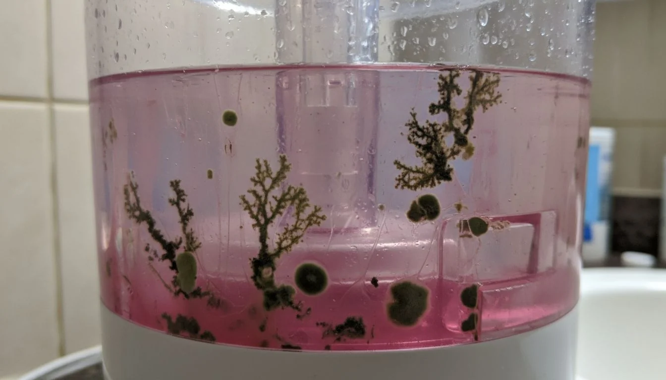 Mold Growth in a Cheap Plastic Humidifier Close-up image showing pink slime and mold growing inside a clear plastic humidifier tank.