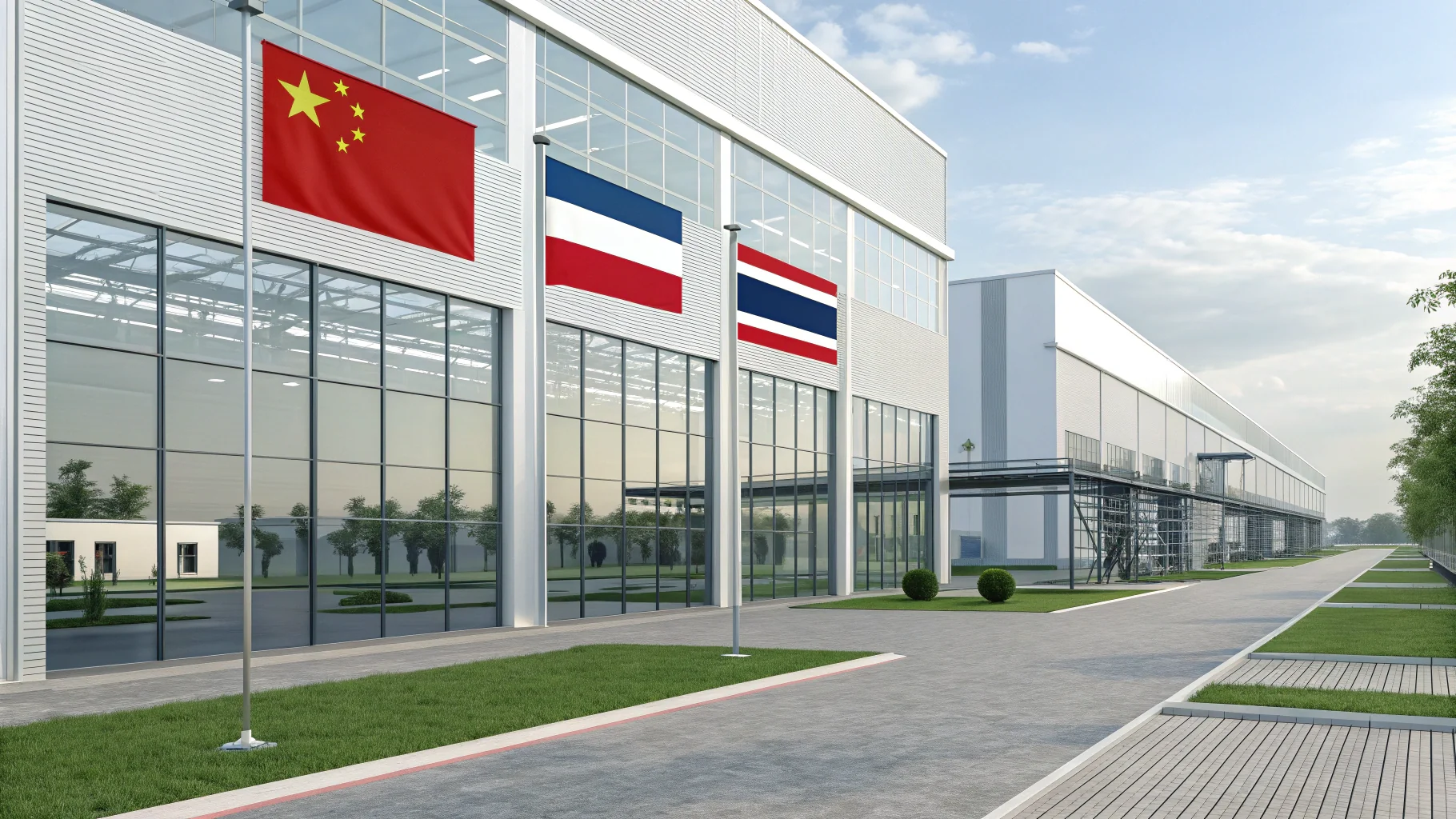 A modern, clean manufacturing facility with a sign showing flags of China, Vietnam, and Thailand.