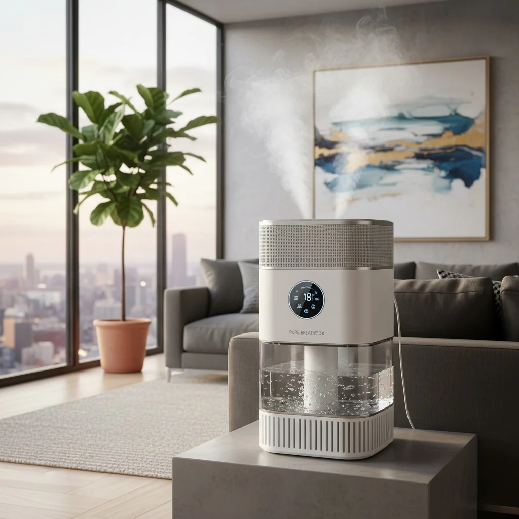 A stylish 3-in-1 humidifier, purifier, and fan product in a modern living room