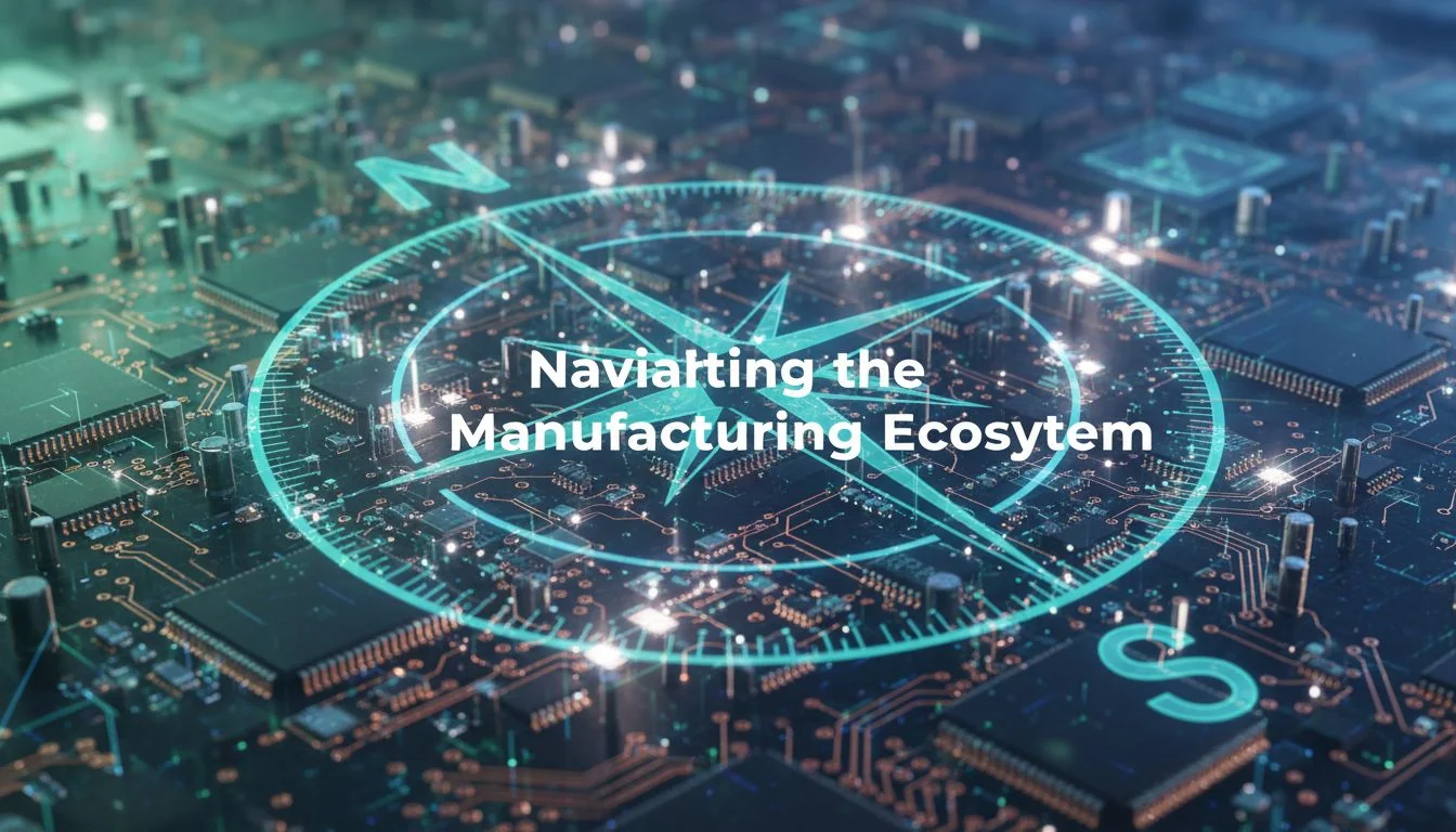 Navigating the Manufacturing Ecosystem An abstract image of a compass over a circuit board, symbolizing navigation in tech manufacturing