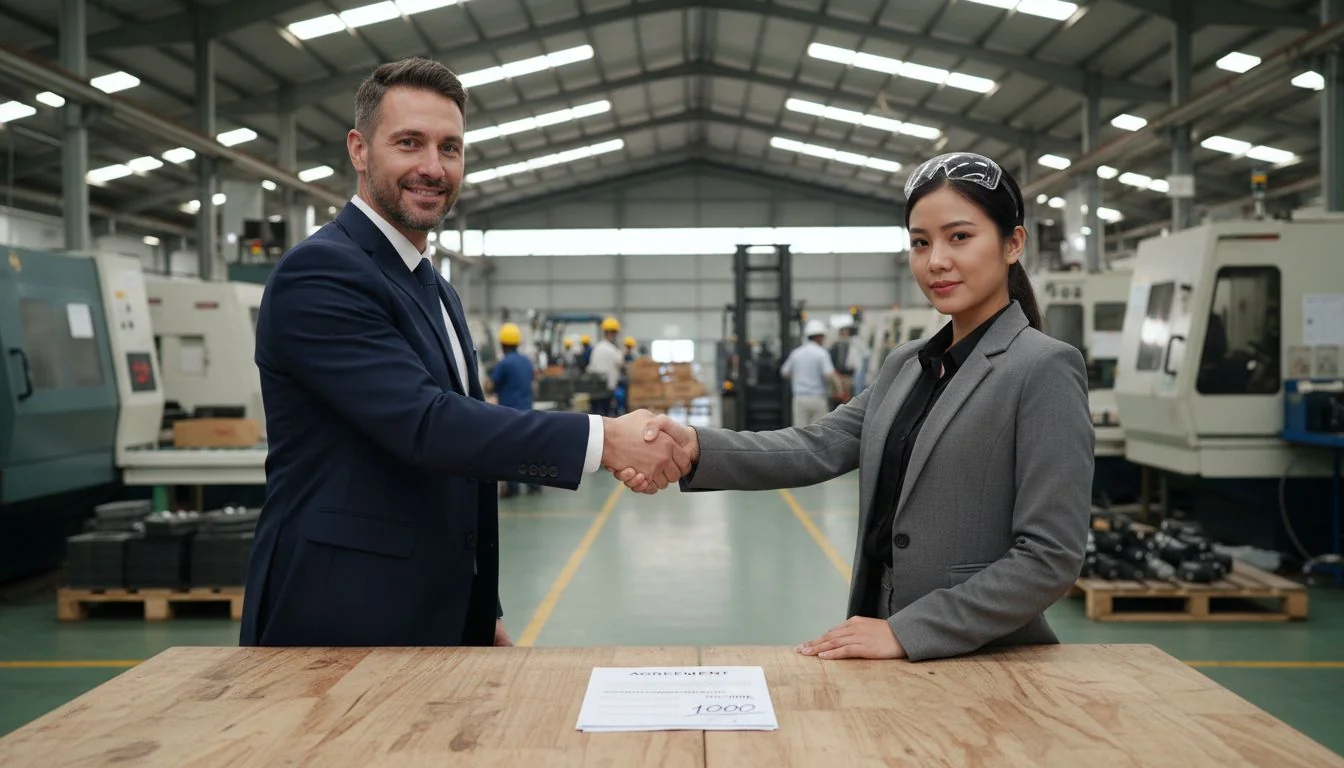 A handshake sealing a deal in a manufacturing facility