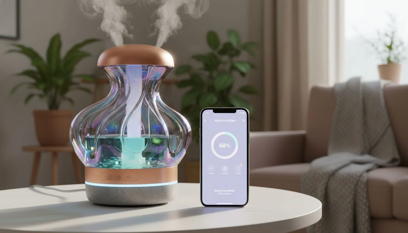 Niche Humidifier with Smart App An image of a uniquely shaped, colorful humidifier with a smartphone next to it showing an app.