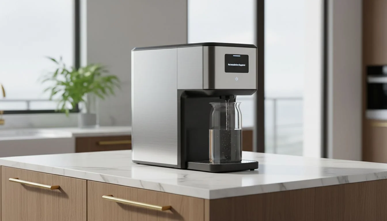 No Installation Required sleek water purifier sitting on a kitchen island without hoses