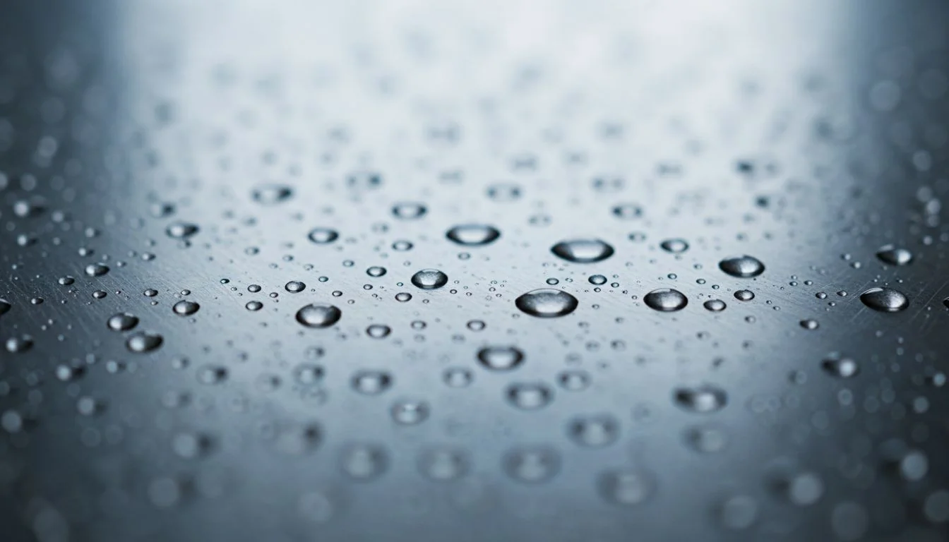 Close-up shot of water beading on a polished stainless steel surface.