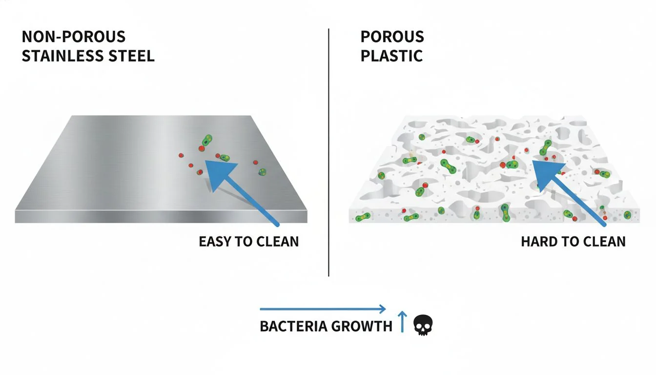 Non-porous stainless steel vs porous plastic A diagram showing a smooth, non-porous stainless steel surface vs. a porous plastic surface with bacteria.