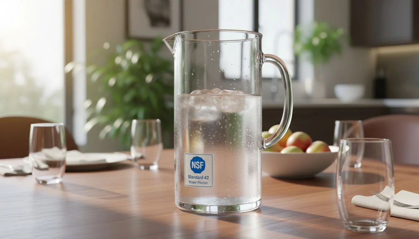 NSF 42 Water Pitcher clear water pitcher on a dining table