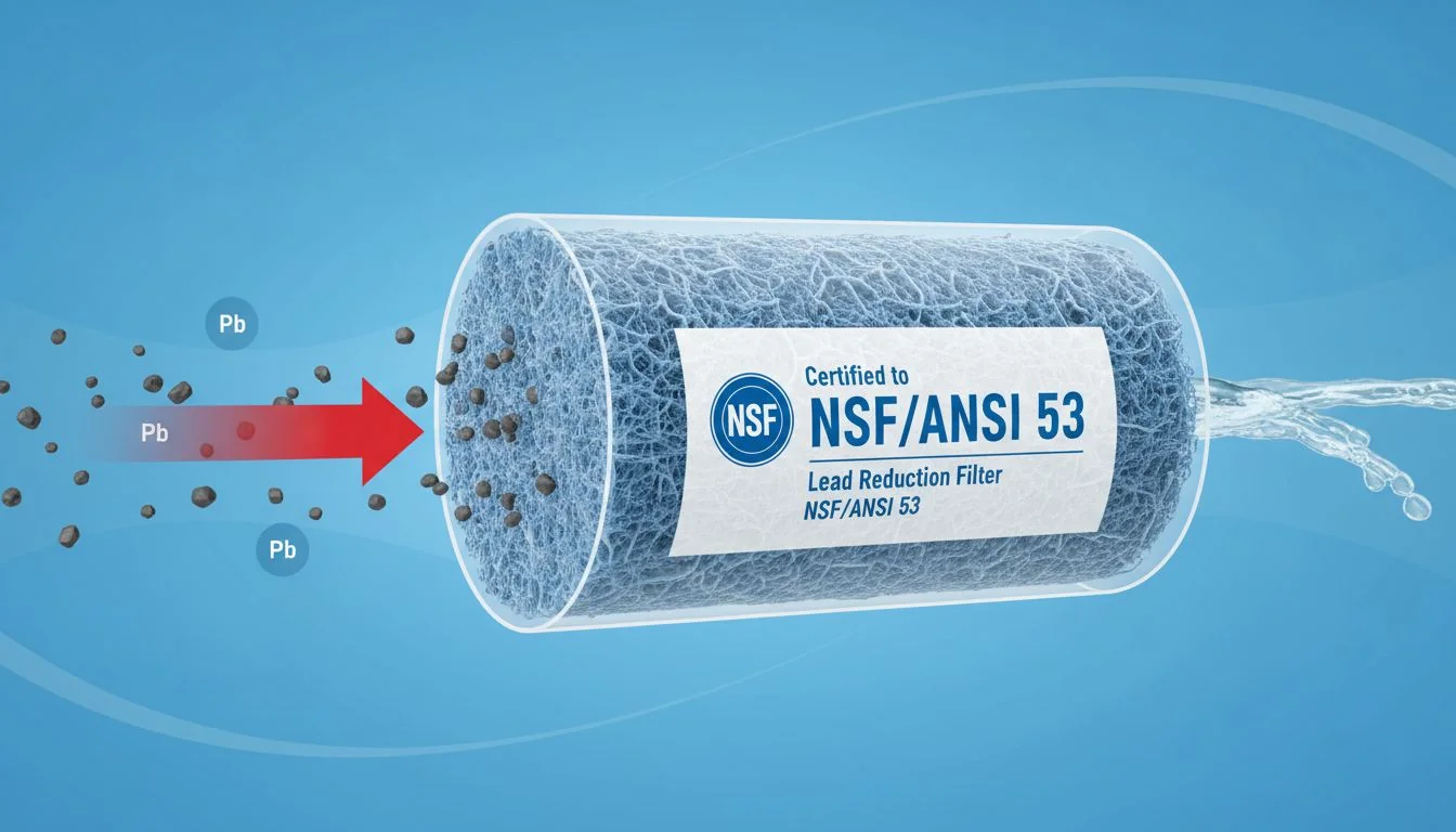 NSF/ANSI 53 Lead Reduction Filter A graphic showing lead particles being stopped by a filter certified to NSF/ANSI 53
