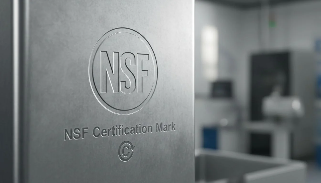 NSF Certification Mark NSF logo engraved on a metal surface