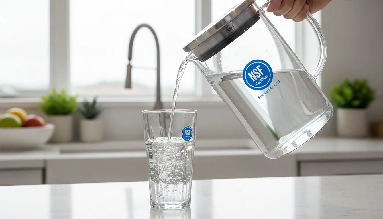 NSF Certified Water Filter Pitcher A modern water filter pitcher with the NSF logo clearly visible, pouring water into a glass