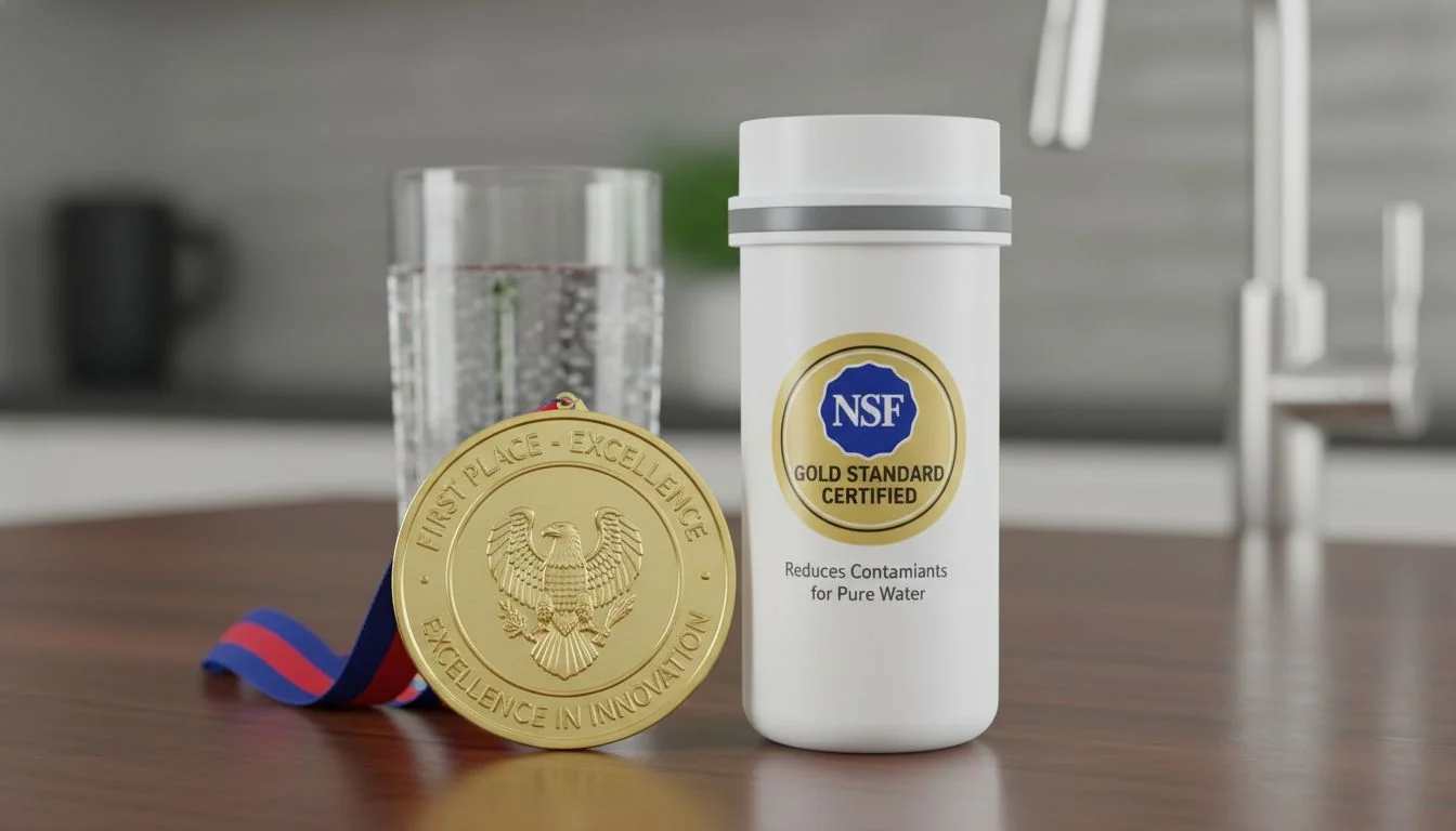 Gold medal next to a water filter cartridge