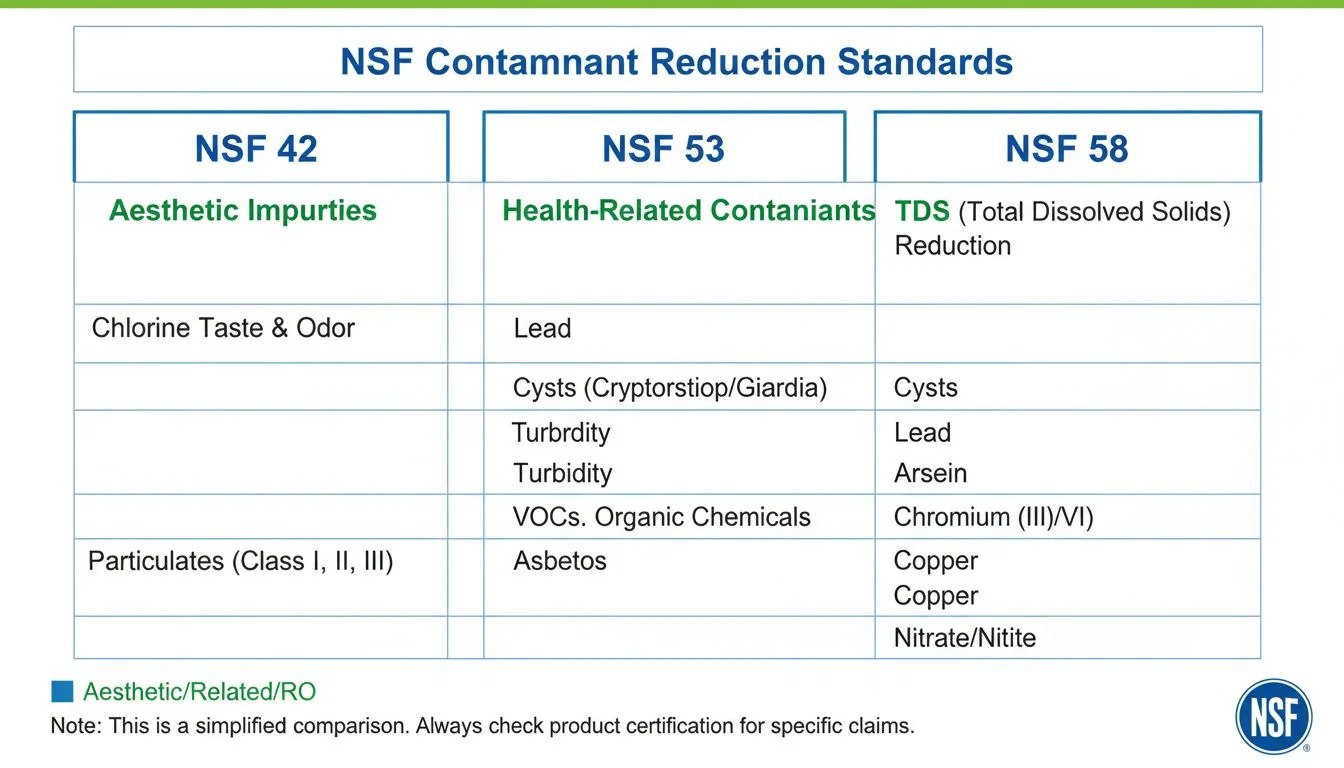 NSF Standards Chart chart comparing NSF 42 53 and 58 contaminant reduction