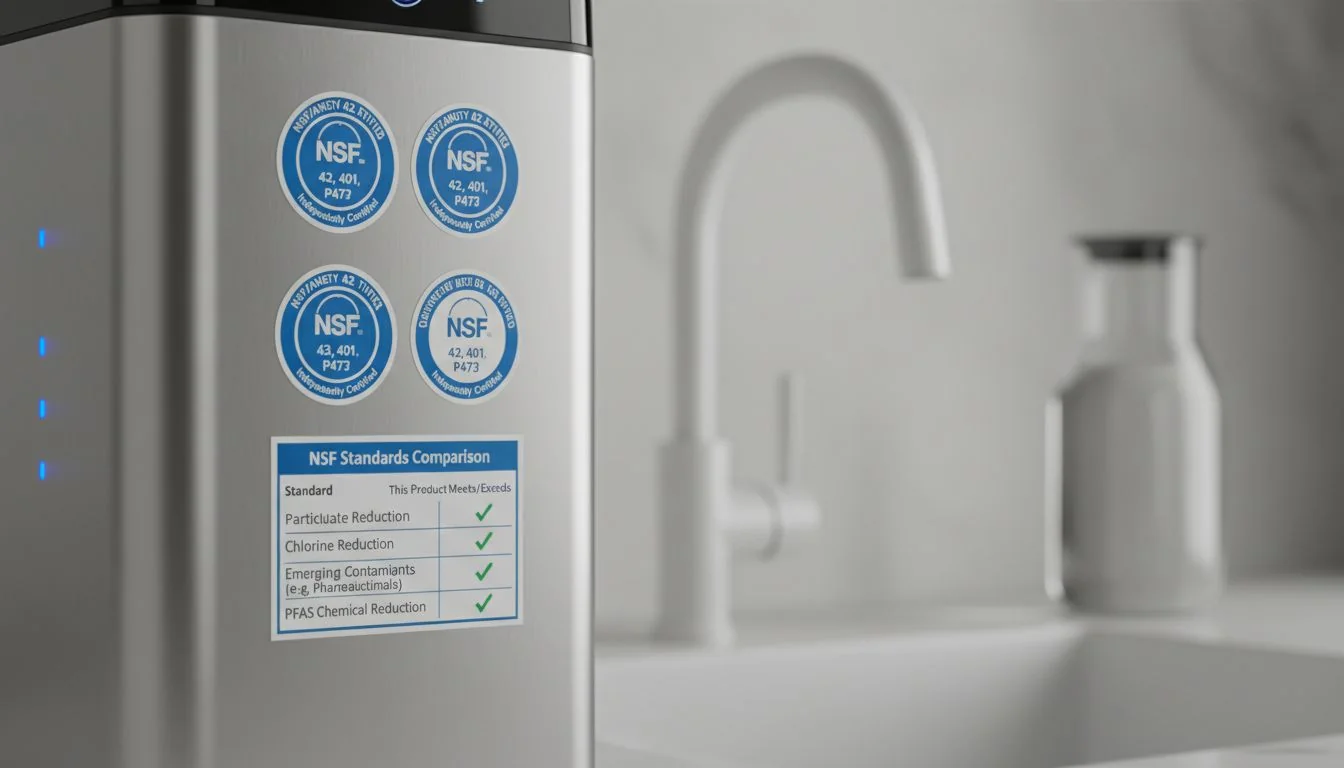 NSF Standards Comparison water filter certification labels on a sleek kitchen appliance