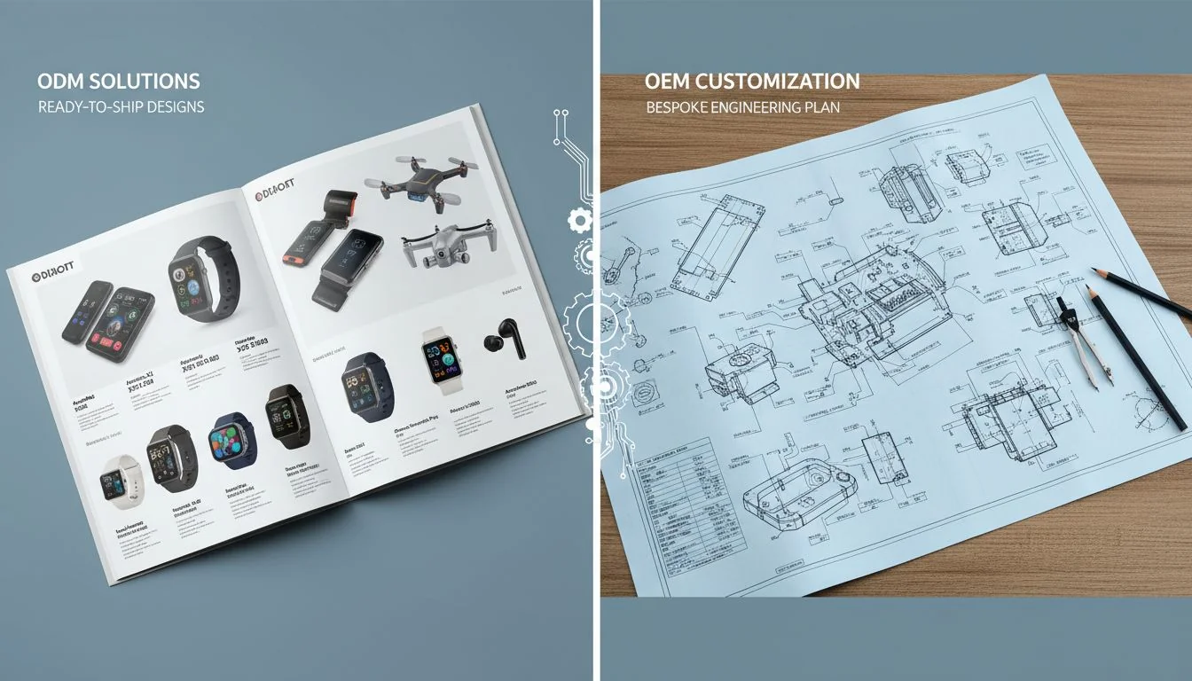 A split image showing a catalog of products on one side and a blueprint on the other
