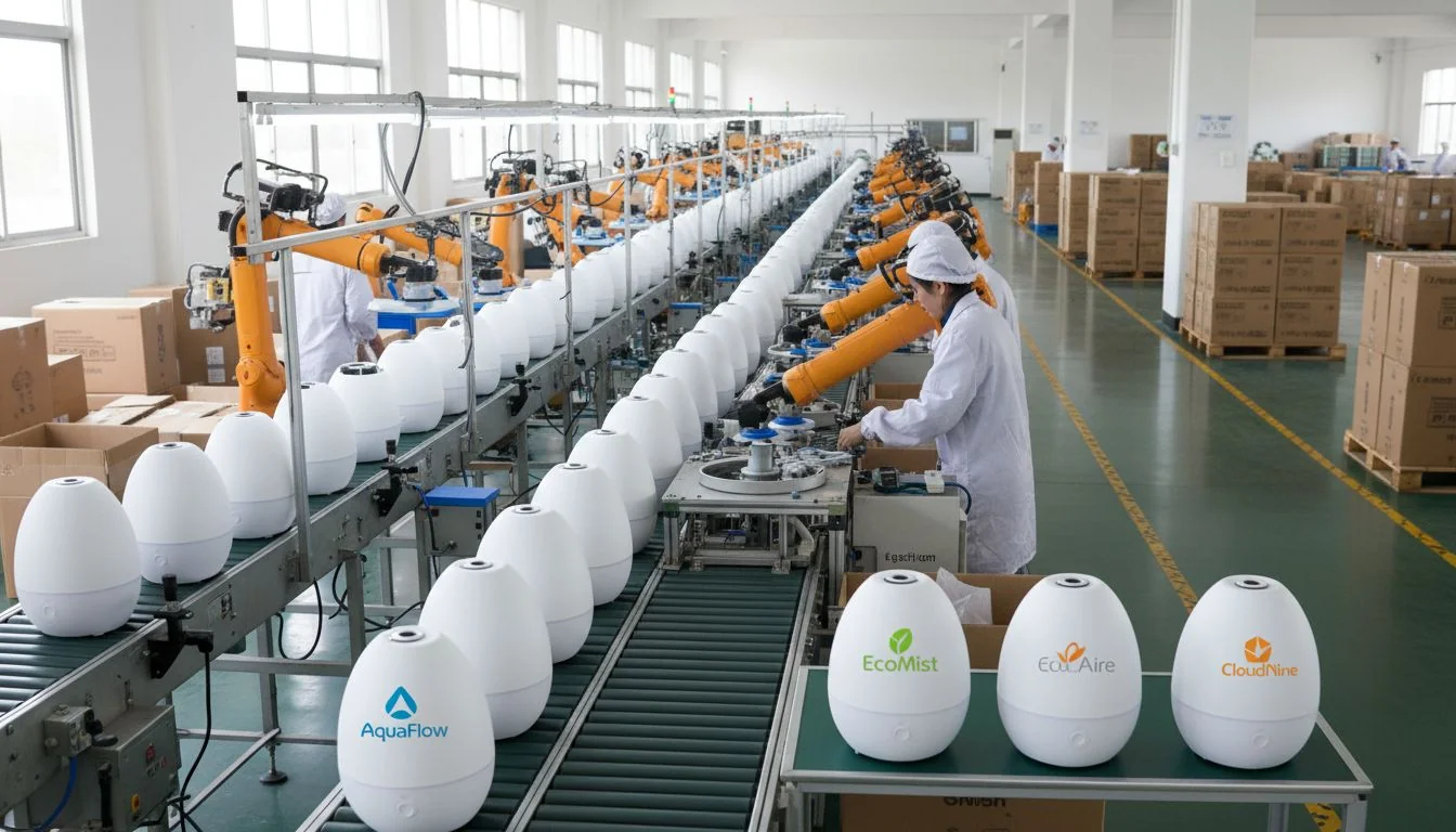 ODM factory producing white-label humidifiers An image of a factory assembly line producing identical humidifiers, with different brand logos being applied at the end