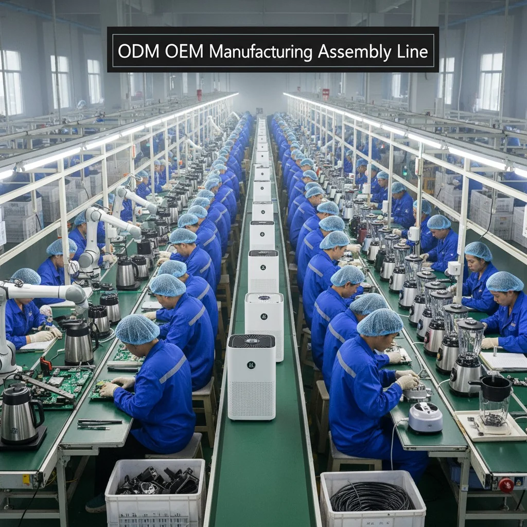 An assembly line with workers manufacturing small home appliances