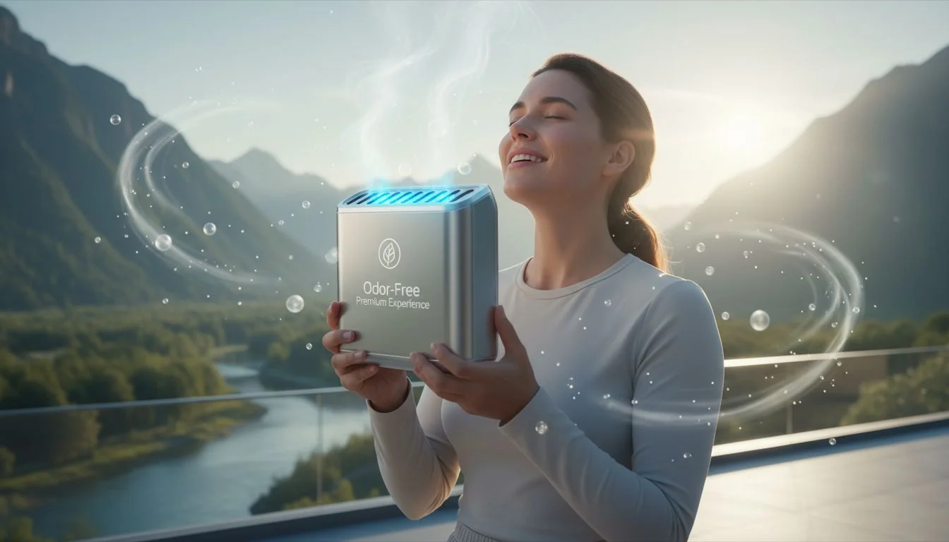 happy user smelling fresh air from premium device