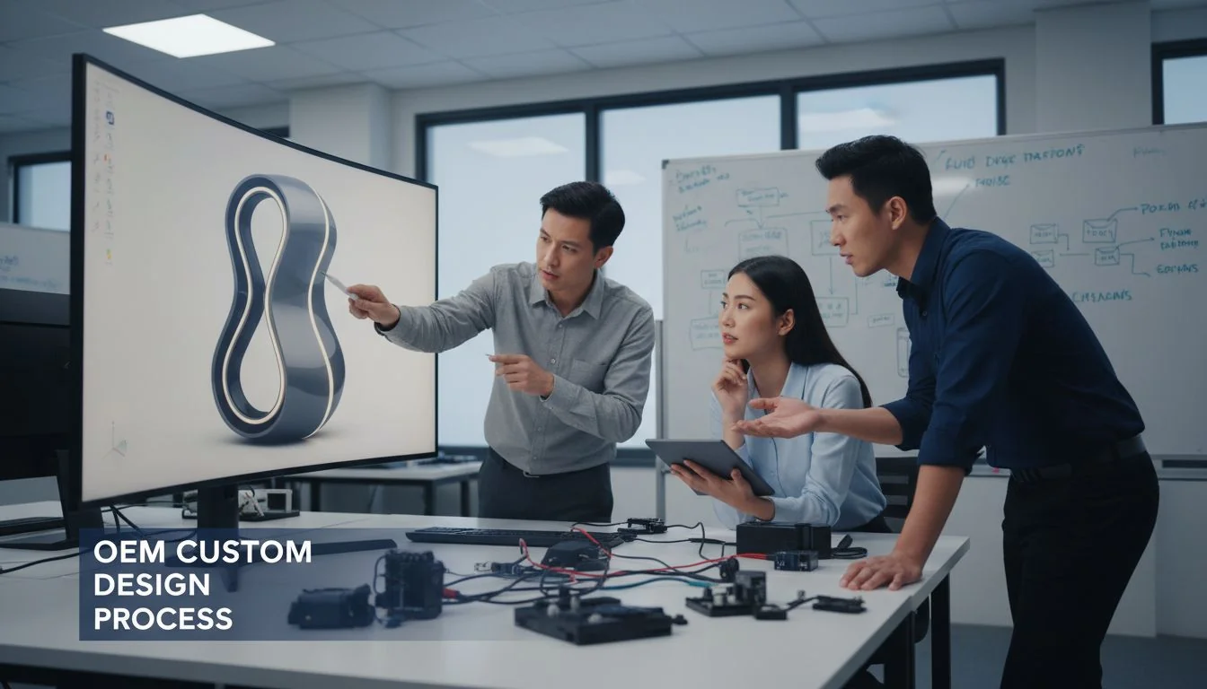 Engineers reviewing a detailed CAD design for a unique air purifier on a computer screen