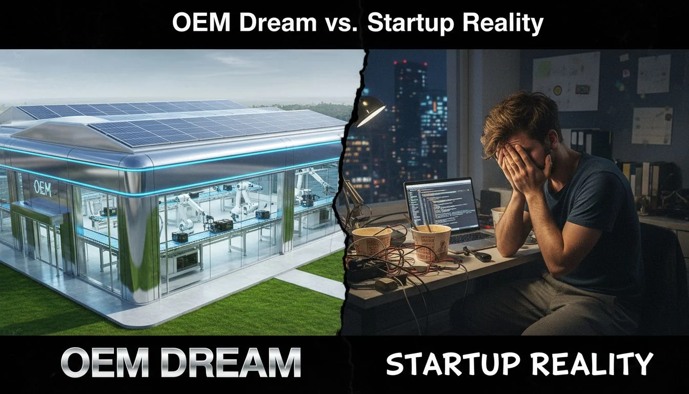 OEM Dream vs. Startup Reality A split image showing a shiny factory on one side and a frustrated startup founder on the other