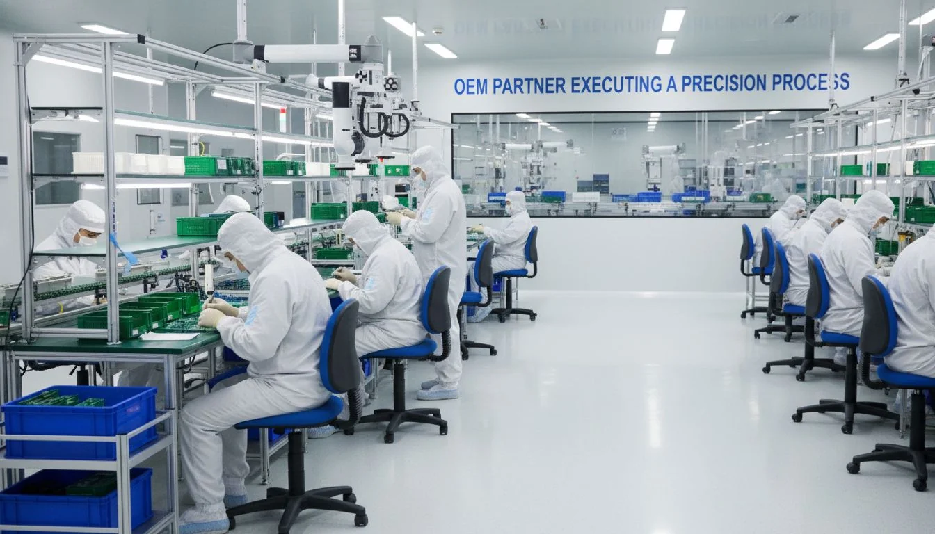 OEM Partner Executing a Precision Process A clean-room factory environment where workers in uniforms are assembling electronic components with precision tools.