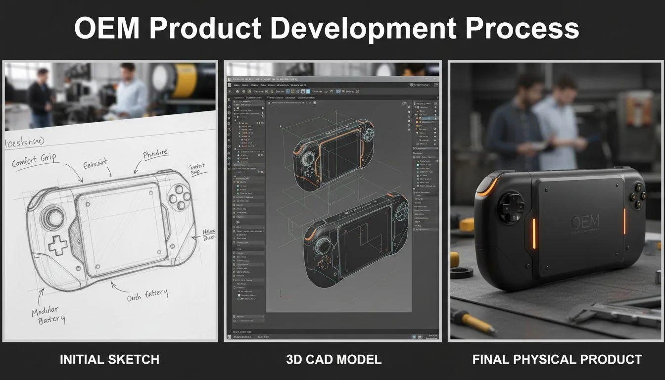 A product design journey from initial sketch to 3D CAD model to final physical product