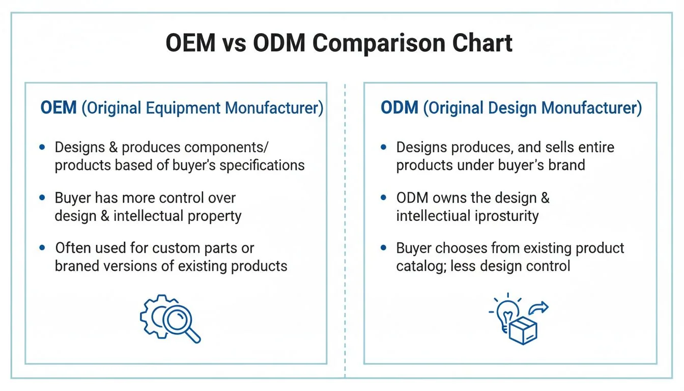 A side-by-side comparison chart infographic showing the key differences between OEM and ODM