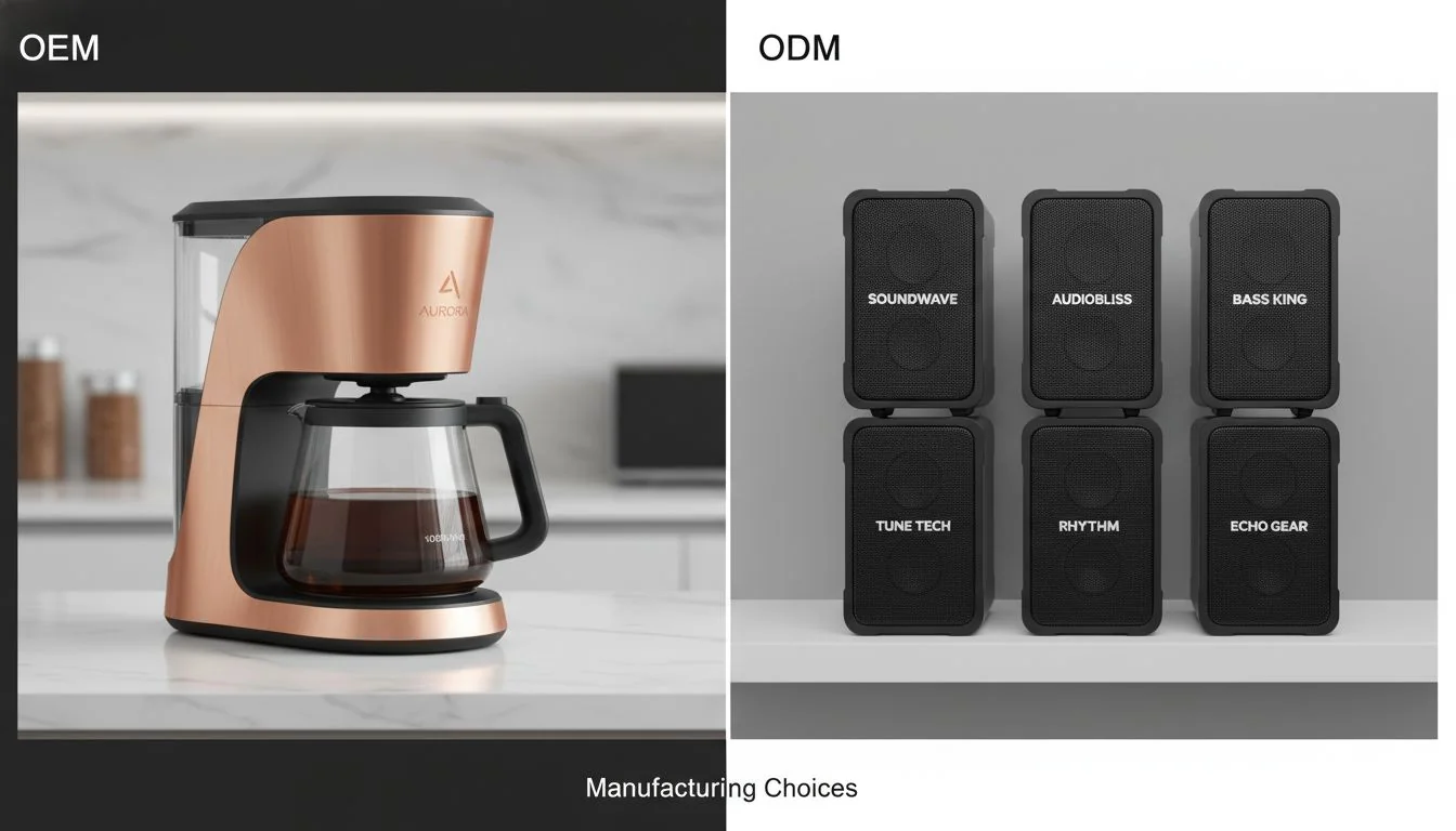 OEM vs ODM Manufacturing Choices A split image showing a custom unique product on one side (OEM) and multiple identical products with different logos on the other (ODM)