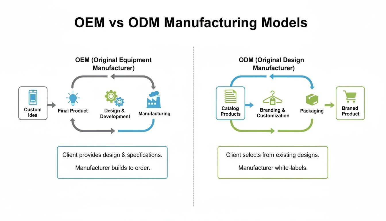 A diagram showing two paths: one for OEM (custom idea to product) and one for ODM (catalog product to branded product).