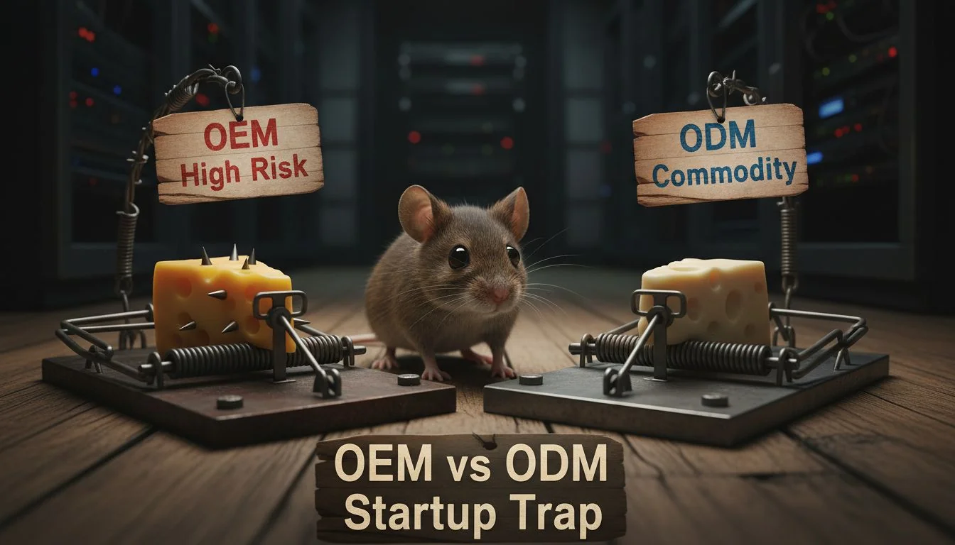A mouse looking at two traps, one labeled 'OEM High Risk' and the other 'ODM Commodity'.